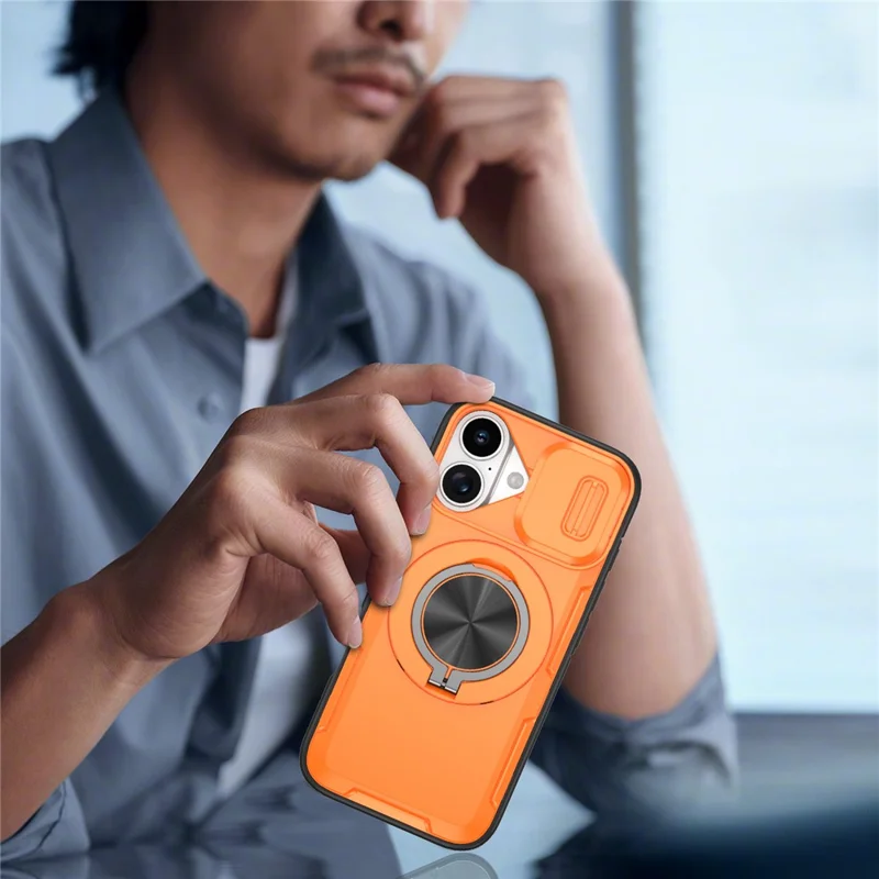 For iPhone 17 Magnetic Case Slide Camera Cover Rotary Kickstand PC + TPU Phone Shell - Orange