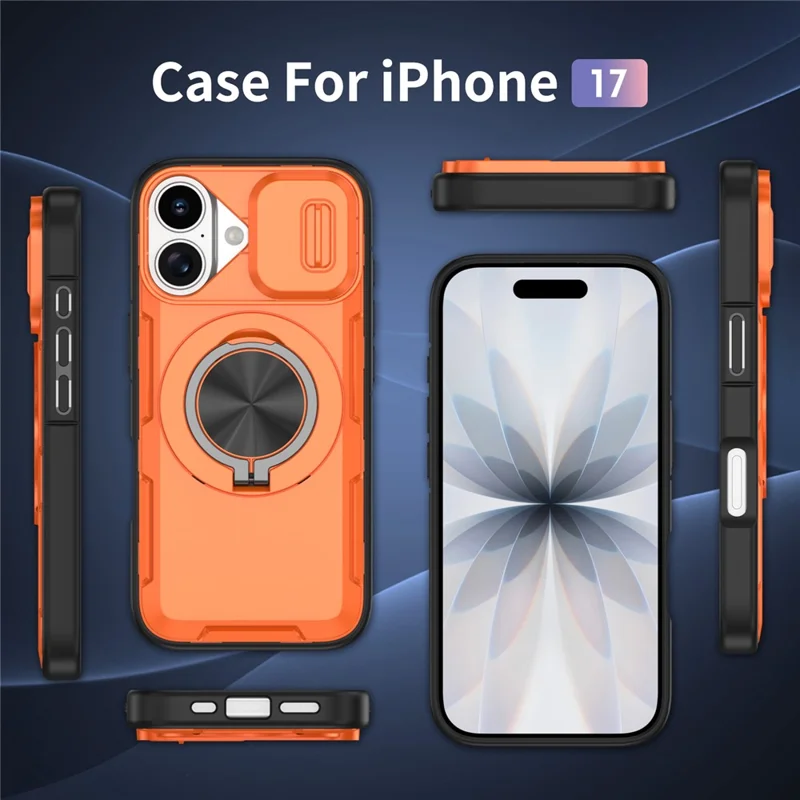 For iPhone 17 Magnetic Case Slide Camera Cover Rotary Kickstand PC + TPU Phone Shell - Orange