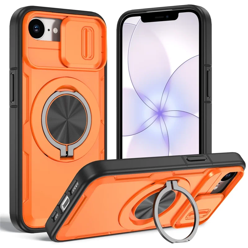For iPhone 17e  /  16e Magnetic Case Slide Camera Cover Rotary Kickstand PC + TPU Phone Shell - Orange
