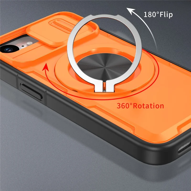 For iPhone 17e  /  16e Magnetic Case Slide Camera Cover Rotary Kickstand PC + TPU Phone Shell - Orange