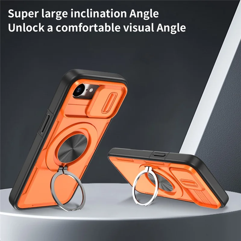 For iPhone 17e  /  16e Magnetic Case Slide Camera Cover Rotary Kickstand PC + TPU Phone Shell - Orange