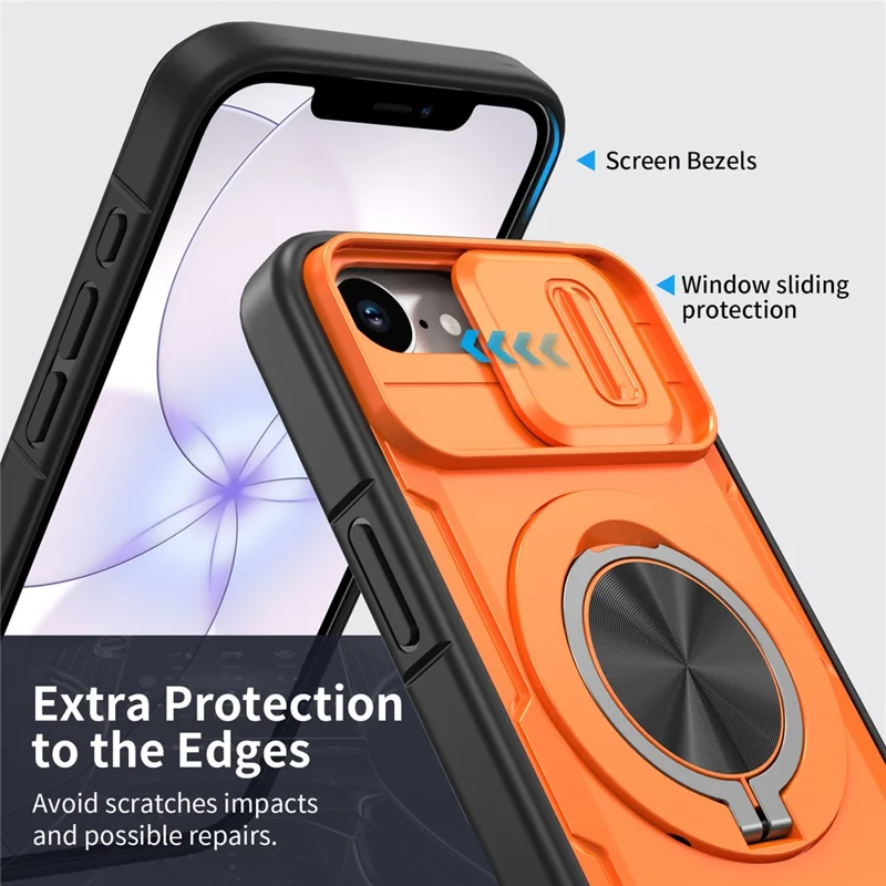 For iPhone 17e  /  16e Magnetic Case Slide Camera Cover Rotary Kickstand PC + TPU Phone Shell - Orange