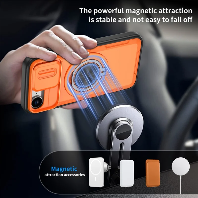 For iPhone 17e  /  16e Magnetic Case Slide Camera Cover Rotary Kickstand PC + TPU Phone Shell - Orange