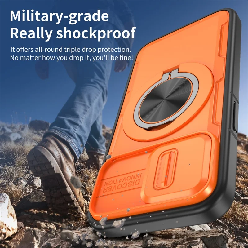 For iPhone 17e  /  16e Magnetic Case Slide Camera Cover Rotary Kickstand PC + TPU Phone Shell - Orange