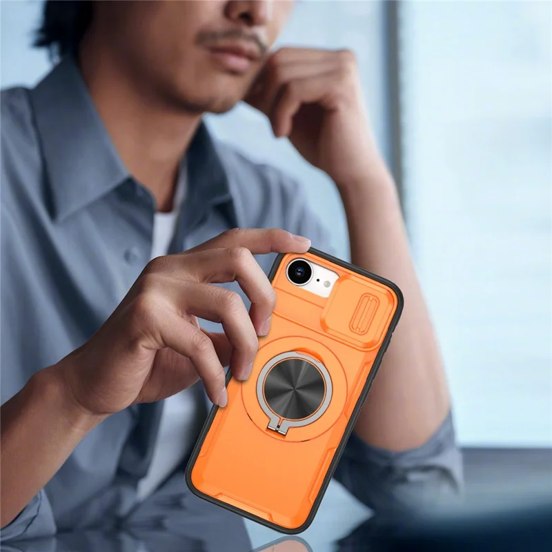 For iPhone 17e  /  16e Magnetic Case Slide Camera Cover Rotary Kickstand PC + TPU Phone Shell - Orange