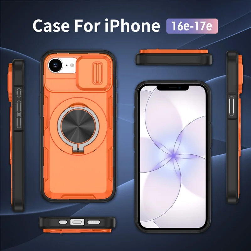 For iPhone 17e  /  16e Magnetic Case Slide Camera Cover Rotary Kickstand PC + TPU Phone Shell - Orange