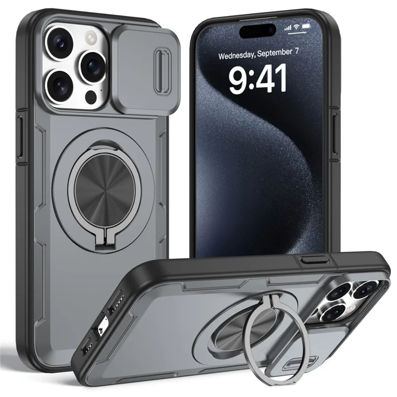 For iPhone 15 Pro Max Magnetic Case Slide Camera Cover Rotary Kickstand PC + TPU Phone Shell - Grey