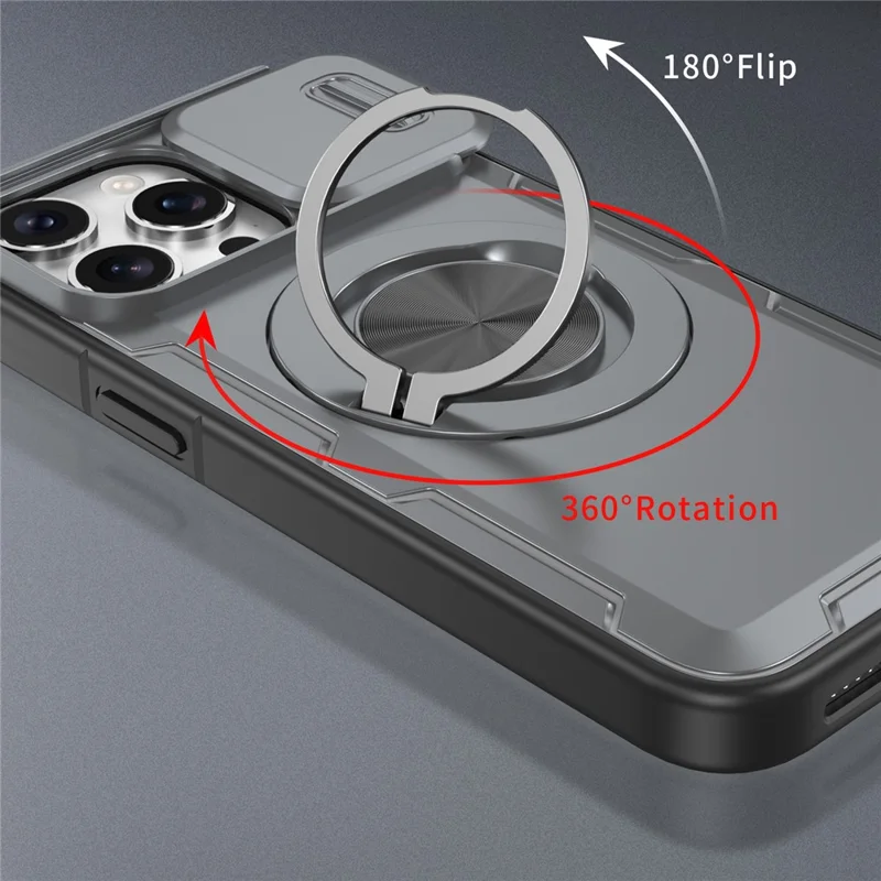 For iPhone 15 Pro Max Magnetic Case Slide Camera Cover Rotary Kickstand PC + TPU Phone Shell - Grey