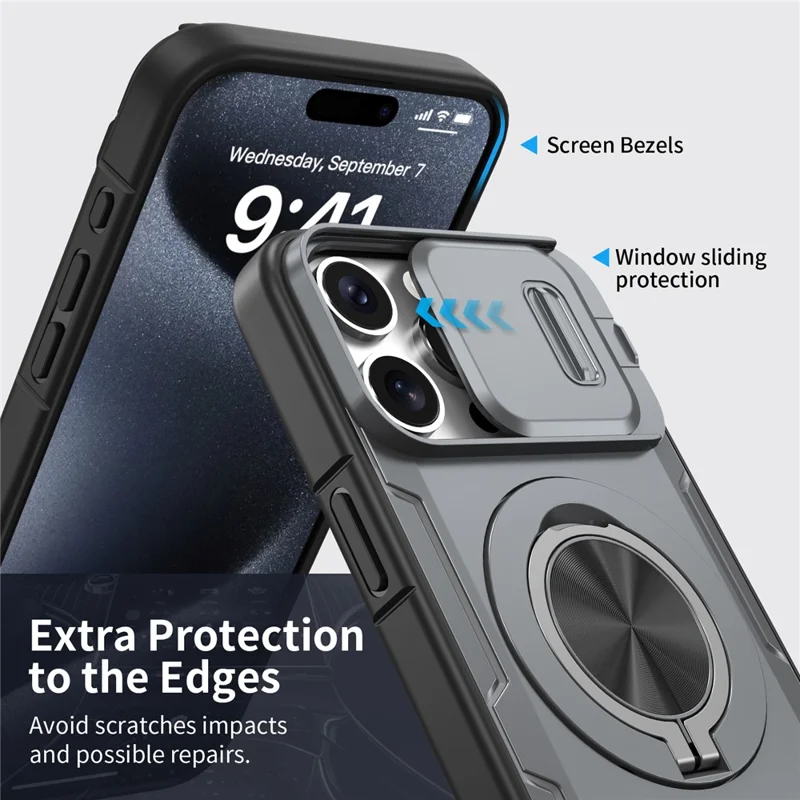 For iPhone 15 Pro Max Magnetic Case Slide Camera Cover Rotary Kickstand PC + TPU Phone Shell - Grey