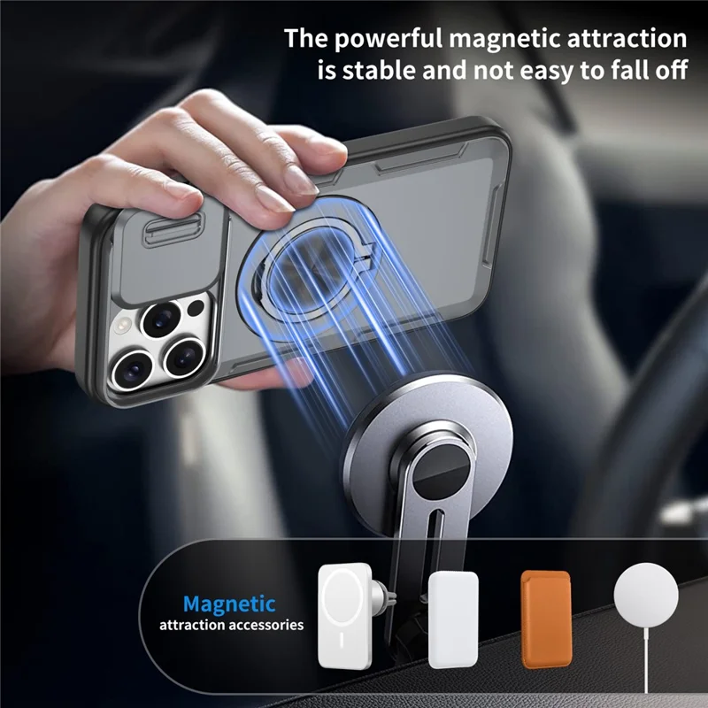 For iPhone 15 Pro Max Magnetic Case Slide Camera Cover Rotary Kickstand PC + TPU Phone Shell - Grey