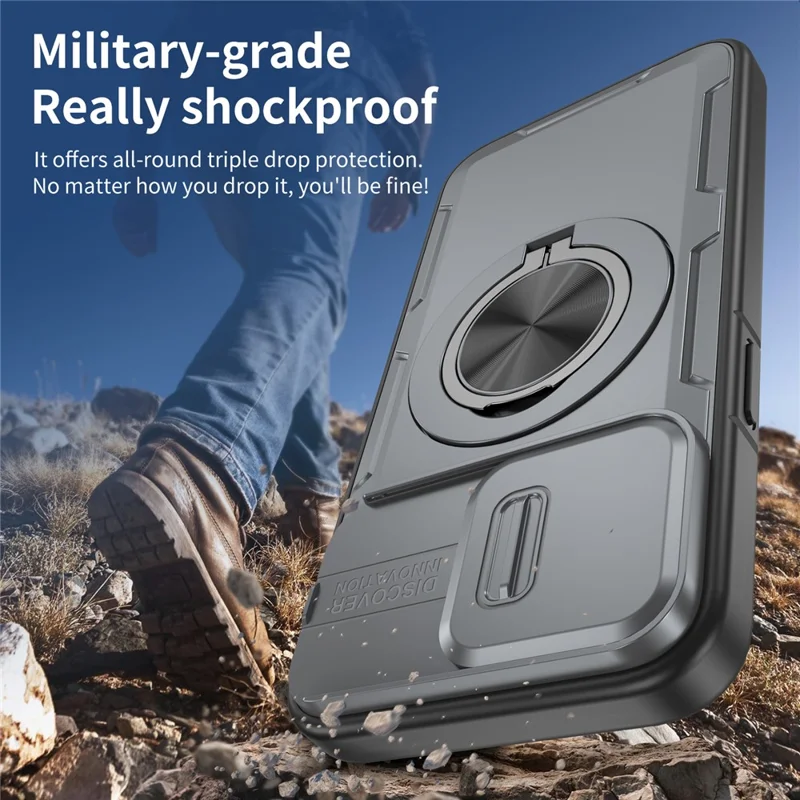 For iPhone 15 Pro Max Magnetic Case Slide Camera Cover Rotary Kickstand PC + TPU Phone Shell - Grey