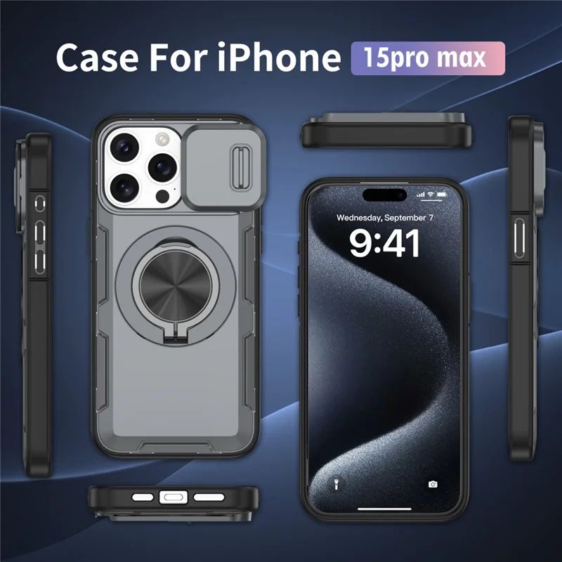 For iPhone 15 Pro Max Magnetic Case Slide Camera Cover Rotary Kickstand PC + TPU Phone Shell - Grey