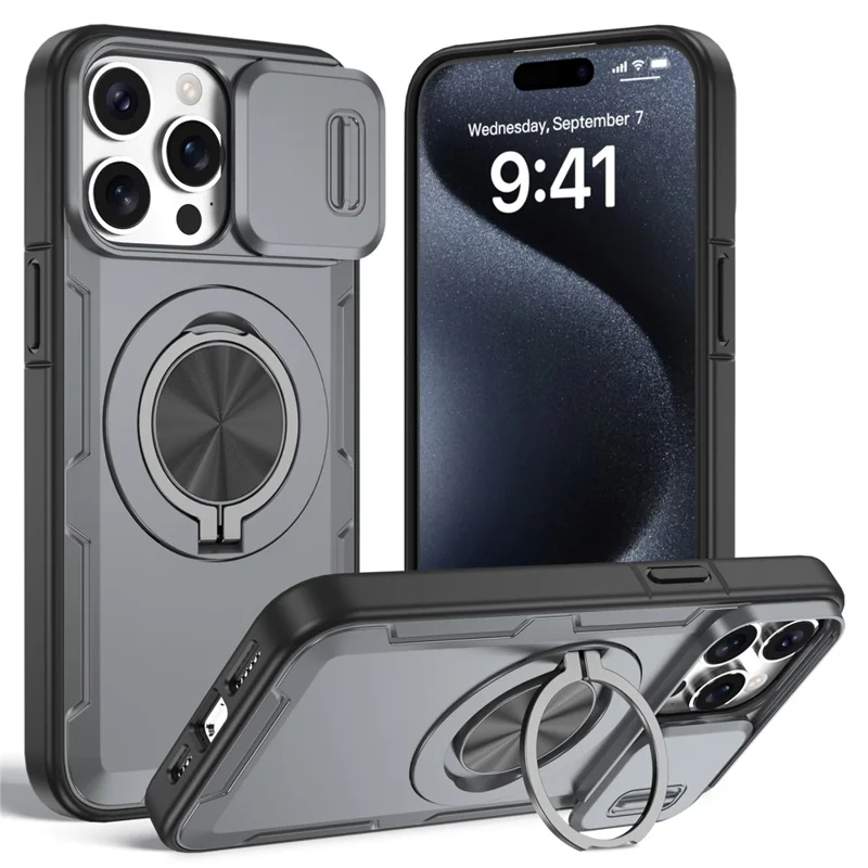 For iPhone 15 Pro Magnetic Case Slide Camera Cover Rotary Kickstand PC + TPU Phone Shell - Grey