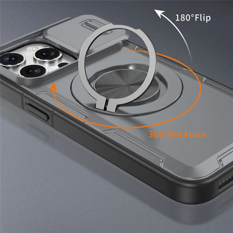 For iPhone 15 Pro Magnetic Case Slide Camera Cover Rotary Kickstand PC + TPU Phone Shell - Grey