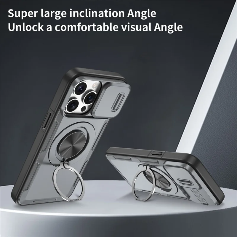 For iPhone 15 Pro Magnetic Case Slide Camera Cover Rotary Kickstand PC + TPU Phone Shell - Grey
