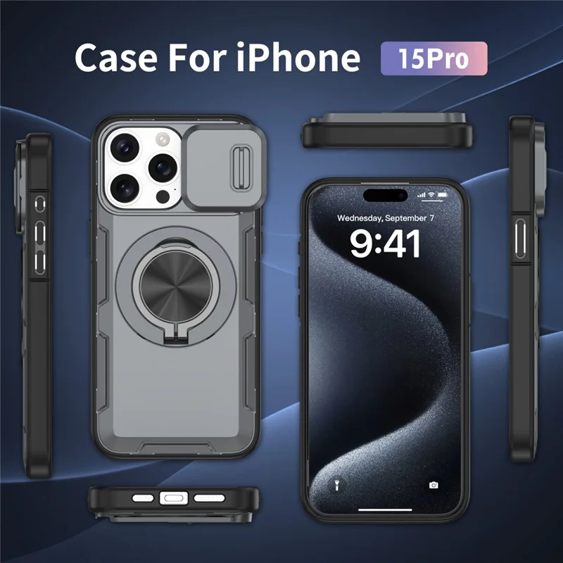 For iPhone 15 Pro Magnetic Case Slide Camera Cover Rotary Kickstand PC + TPU Phone Shell - Grey