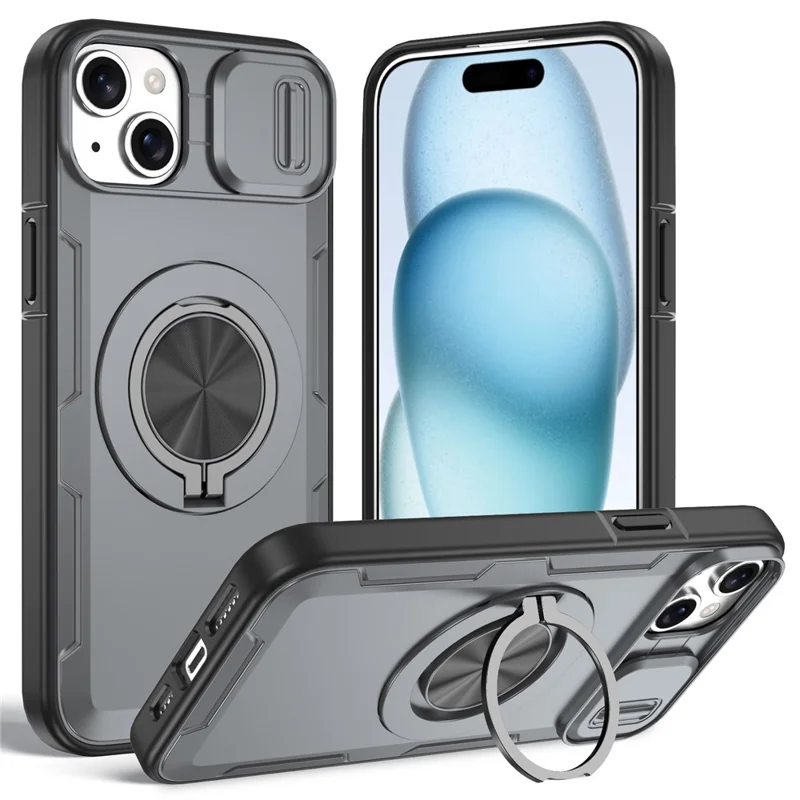For iPhone 15 Magnetic Case Slide Camera Cover Rotary Kickstand PC + TPU Phone Shell - Grey