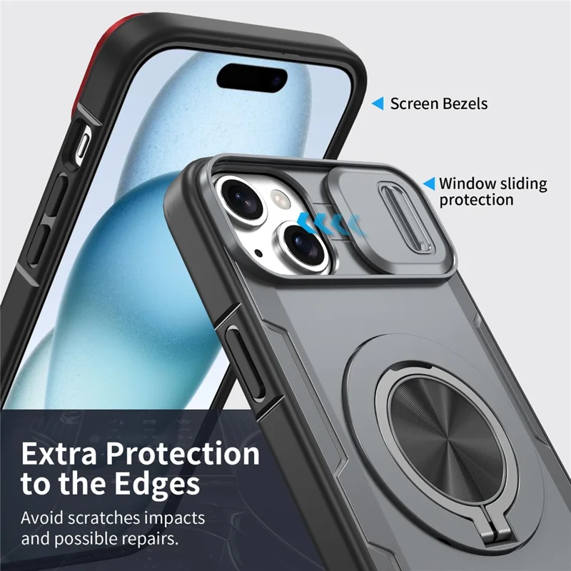For iPhone 15 Magnetic Case Slide Camera Cover Rotary Kickstand PC + TPU Phone Shell - Grey