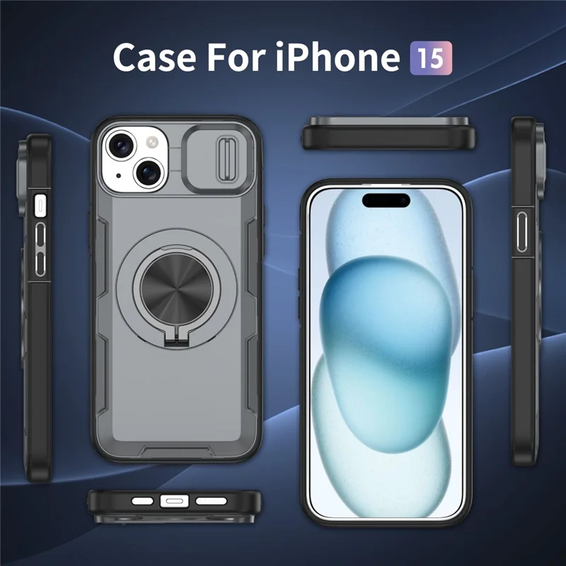For iPhone 15 Magnetic Case Slide Camera Cover Rotary Kickstand PC + TPU Phone Shell - Grey