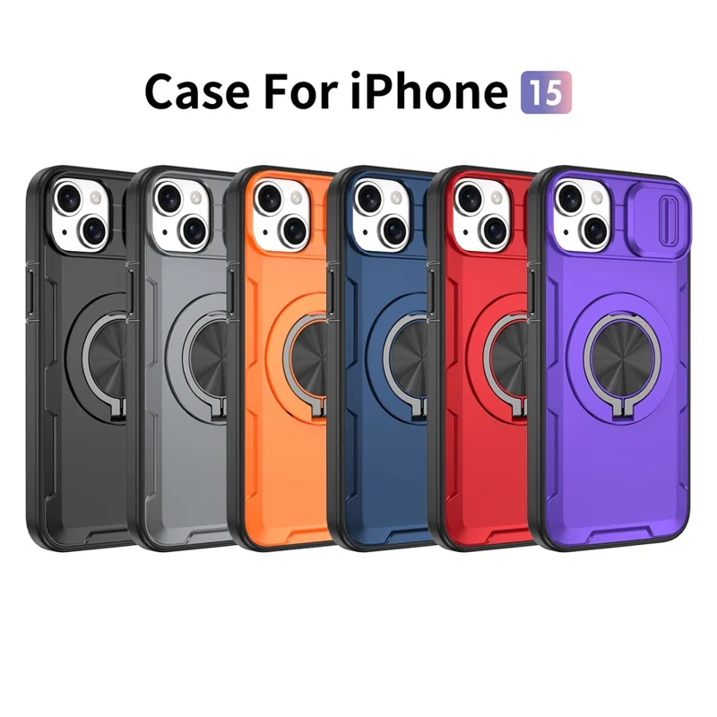 For iPhone 15 Magnetic Case Slide Camera Cover Rotary Kickstand PC + TPU Phone Shell - Grey