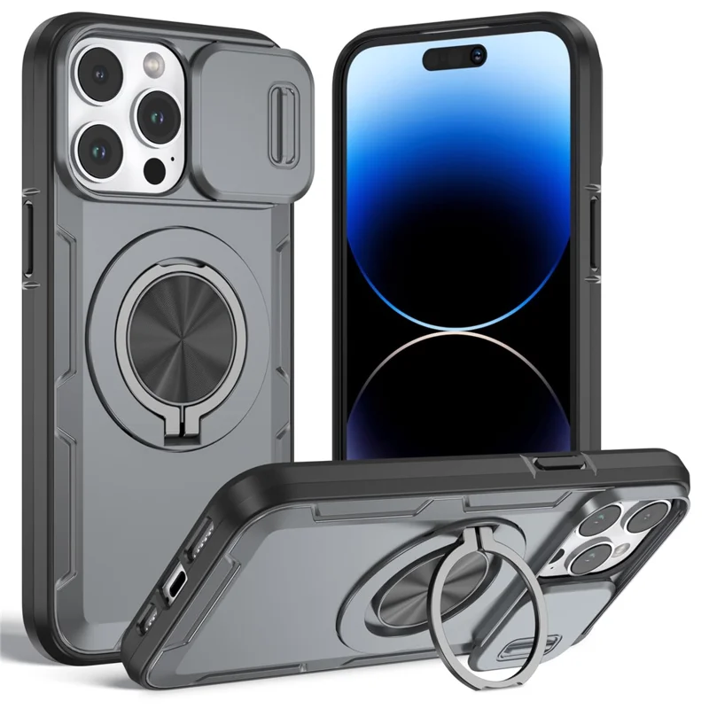 For iPhone 14 Pro Max Magnetic Case Slide Camera Cover Rotary Kickstand PC + TPU Phone Shell - Grey