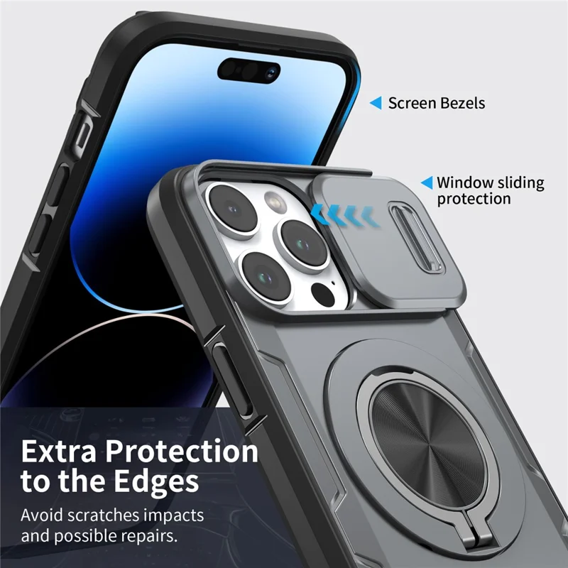 For iPhone 14 Pro Max Magnetic Case Slide Camera Cover Rotary Kickstand PC + TPU Phone Shell - Grey