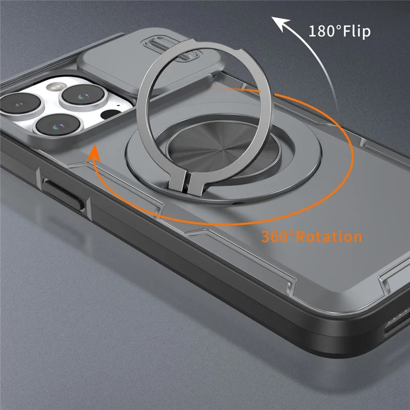 For iPhone 14 Pro Max Magnetic Case Slide Camera Cover Rotary Kickstand PC + TPU Phone Shell - Grey