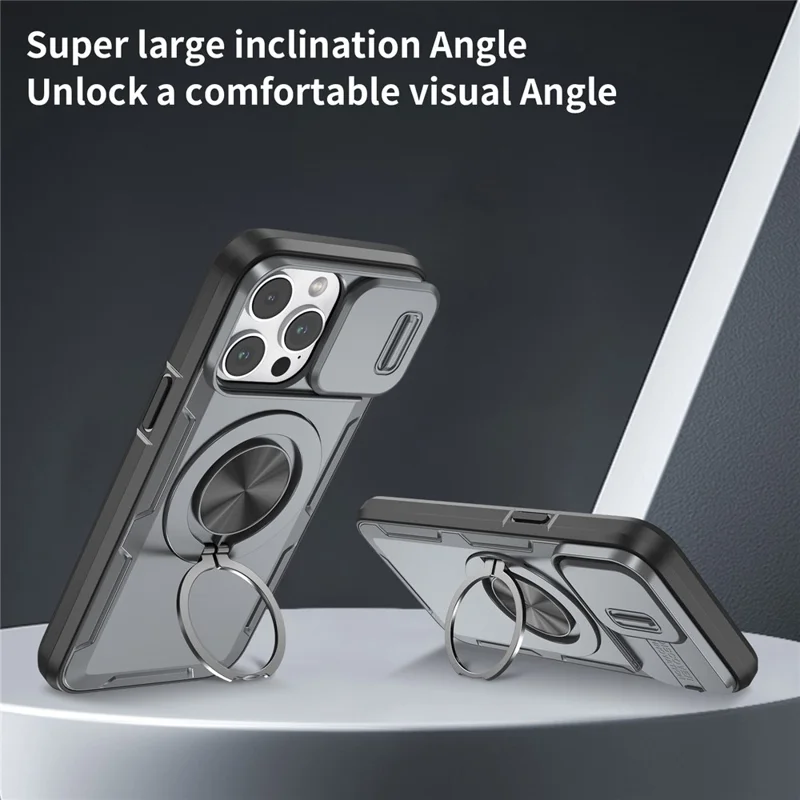 For iPhone 14 Pro Max Magnetic Case Slide Camera Cover Rotary Kickstand PC + TPU Phone Shell - Grey