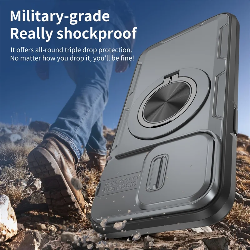 For iPhone 14 Pro Max Magnetic Case Slide Camera Cover Rotary Kickstand PC + TPU Phone Shell - Grey