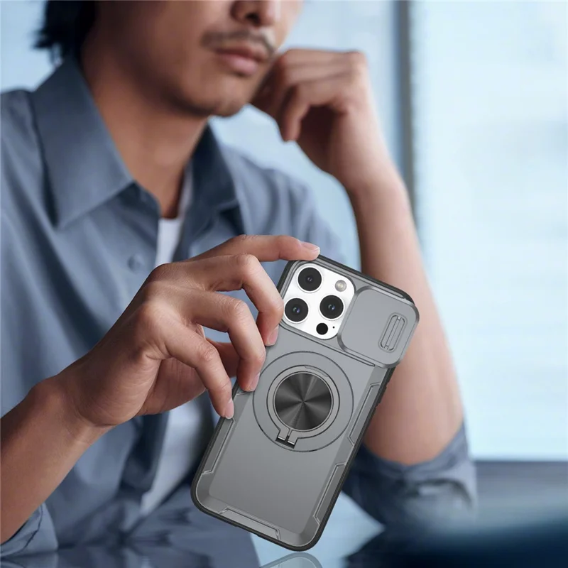 For iPhone 14 Pro Max Magnetic Case Slide Camera Cover Rotary Kickstand PC + TPU Phone Shell - Grey