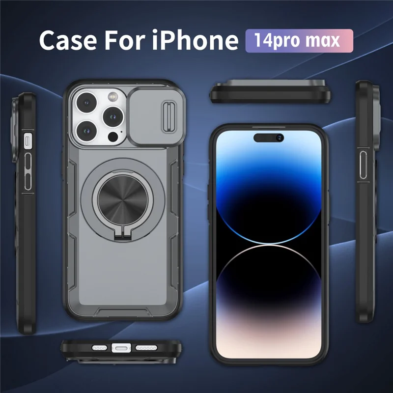 For iPhone 14 Pro Max Magnetic Case Slide Camera Cover Rotary Kickstand PC + TPU Phone Shell - Grey