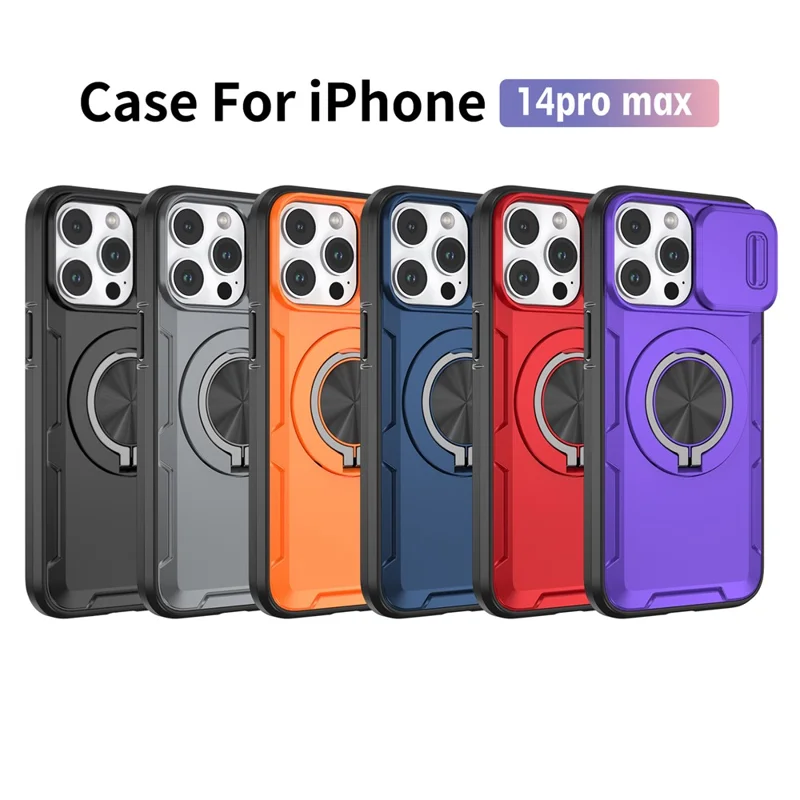 For iPhone 14 Pro Max Magnetic Case Slide Camera Cover Rotary Kickstand PC + TPU Phone Shell - Grey
