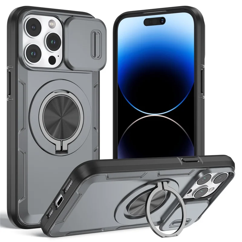 For iPhone 14 Pro Magnetic Case Slide Camera Cover Rotary Kickstand PC + TPU Phone Shell - Grey