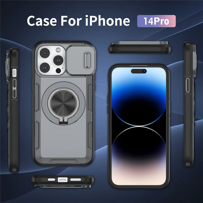 For iPhone 14 Pro Magnetic Case Slide Camera Cover Rotary Kickstand PC + TPU Phone Shell - Grey