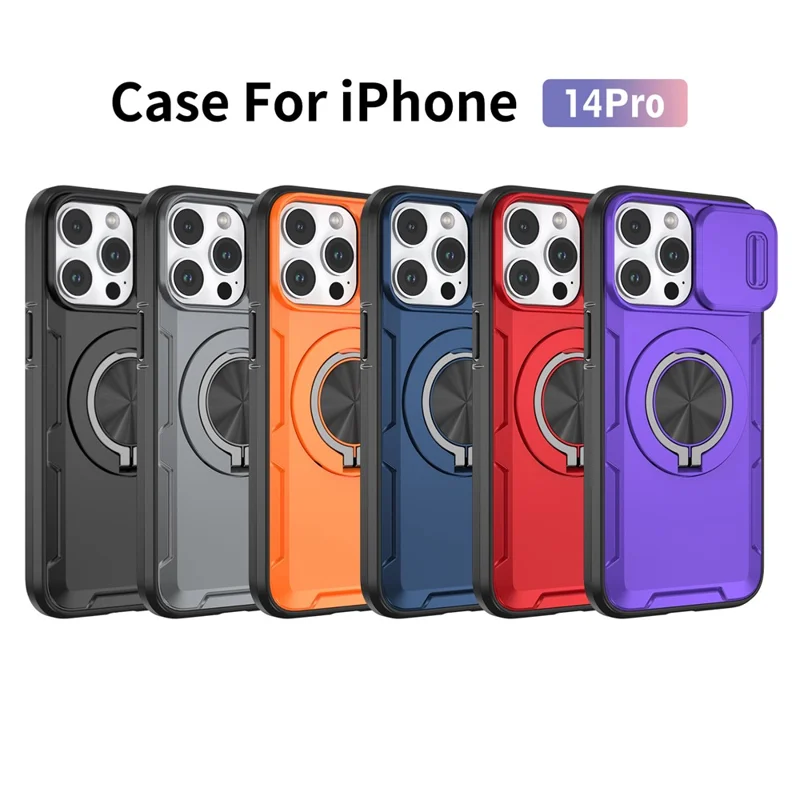 For iPhone 14 Pro Magnetic Case Slide Camera Cover Rotary Kickstand PC + TPU Phone Shell - Grey