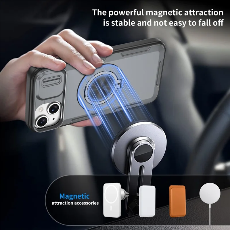 For iPhone 14  /  13 Magnetic Case Slide Camera Cover Rotary Kickstand PC + TPU Phone Shell - Grey