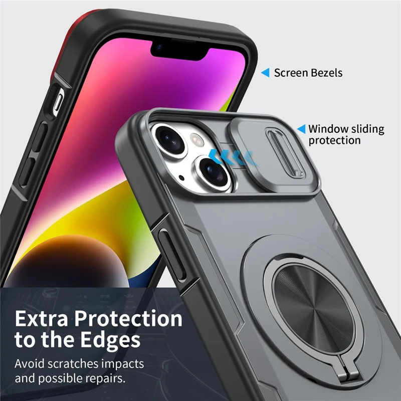 For iPhone 14  /  13 Magnetic Case Slide Camera Cover Rotary Kickstand PC + TPU Phone Shell - Grey