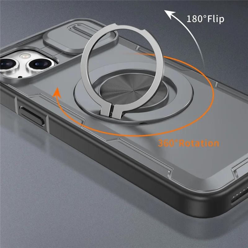 For iPhone 14  /  13 Magnetic Case Slide Camera Cover Rotary Kickstand PC + TPU Phone Shell - Grey