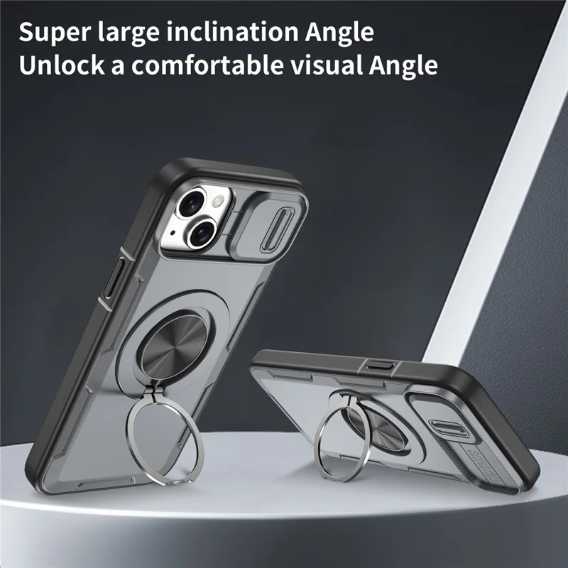For iPhone 14  /  13 Magnetic Case Slide Camera Cover Rotary Kickstand PC + TPU Phone Shell - Grey