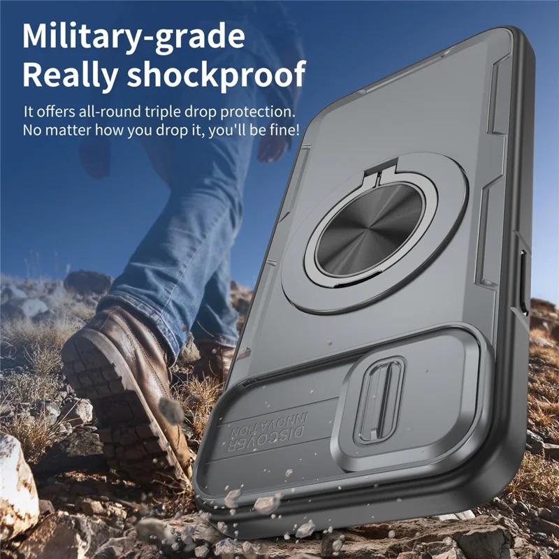 For iPhone 14  /  13 Magnetic Case Slide Camera Cover Rotary Kickstand PC + TPU Phone Shell - Grey
