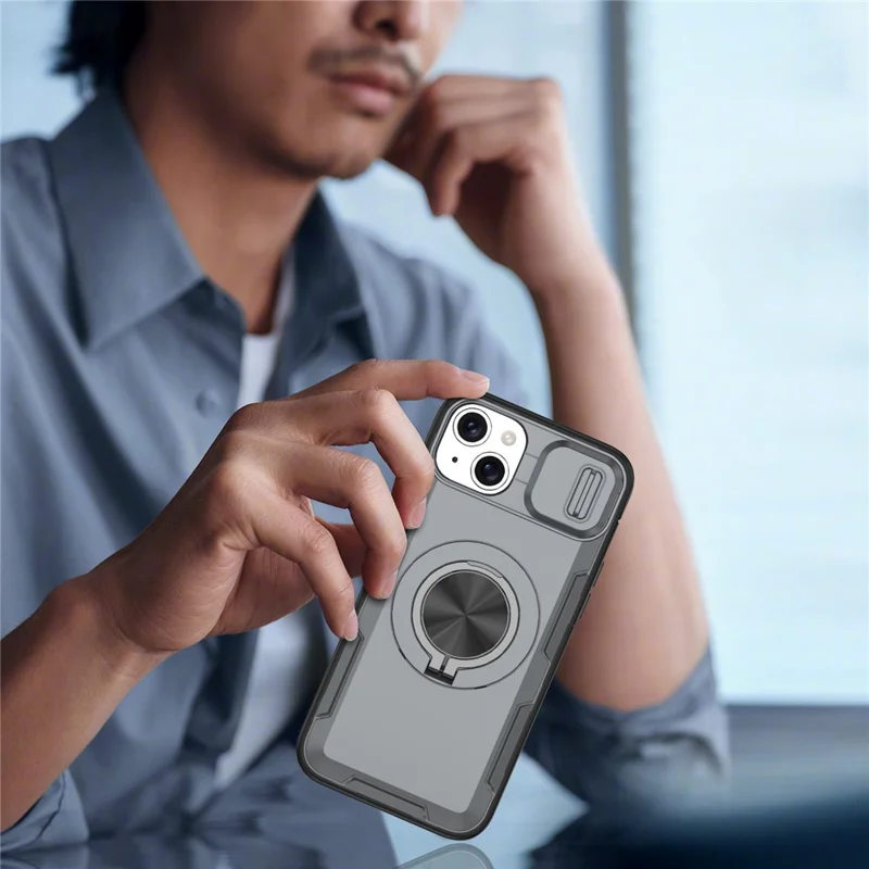 For iPhone 14  /  13 Magnetic Case Slide Camera Cover Rotary Kickstand PC + TPU Phone Shell - Grey
