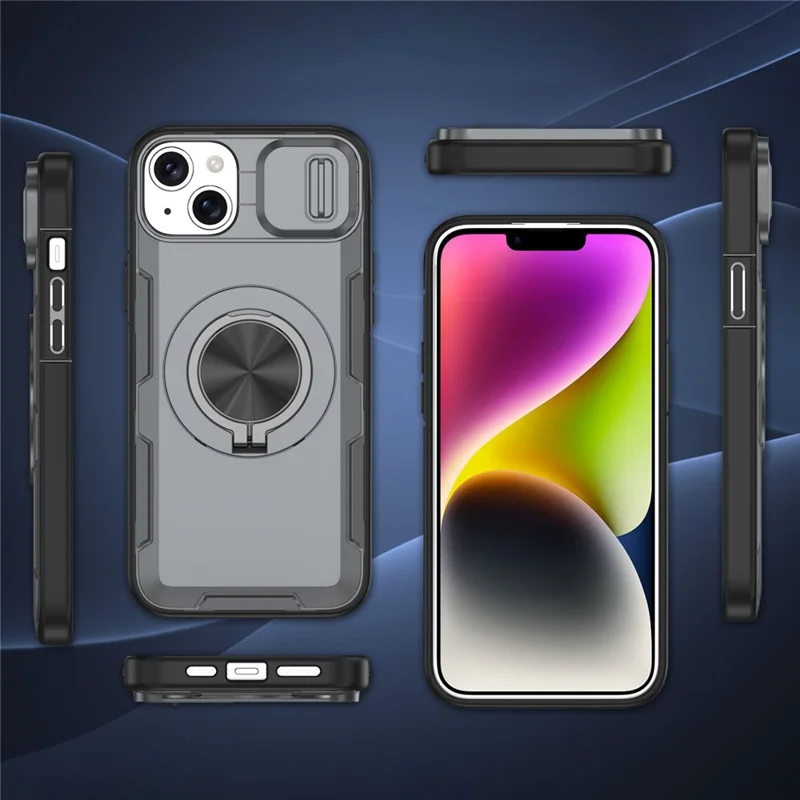 For iPhone 14  /  13 Magnetic Case Slide Camera Cover Rotary Kickstand PC + TPU Phone Shell - Grey