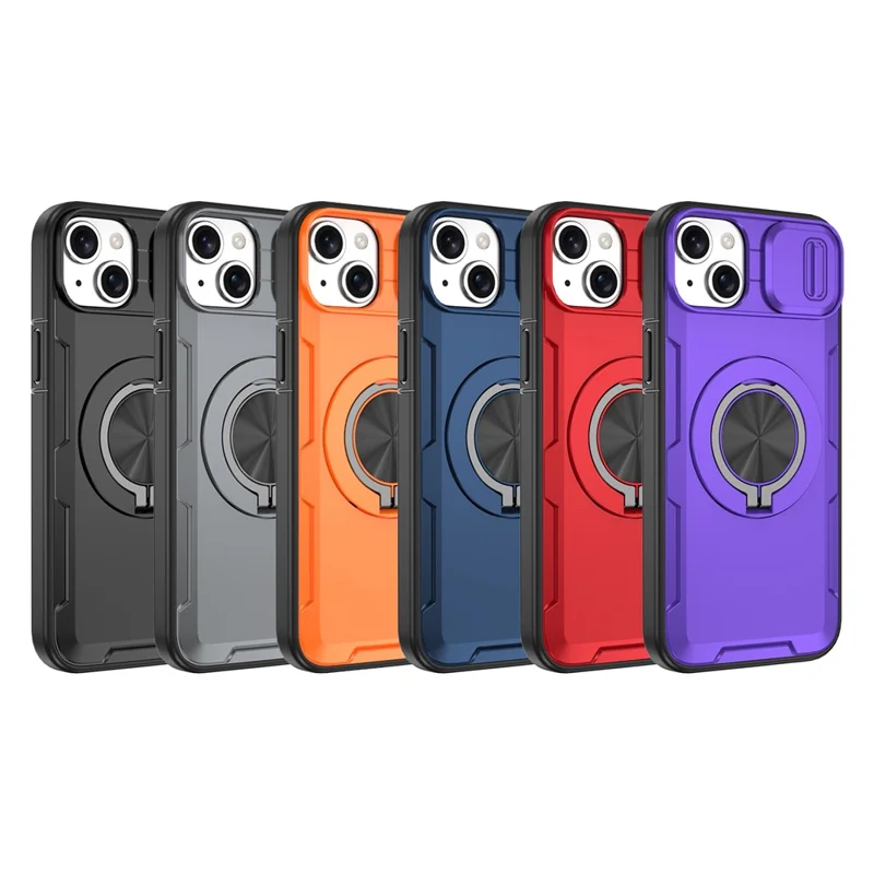 For iPhone 14  /  13 Magnetic Case Slide Camera Cover Rotary Kickstand PC + TPU Phone Shell - Grey
