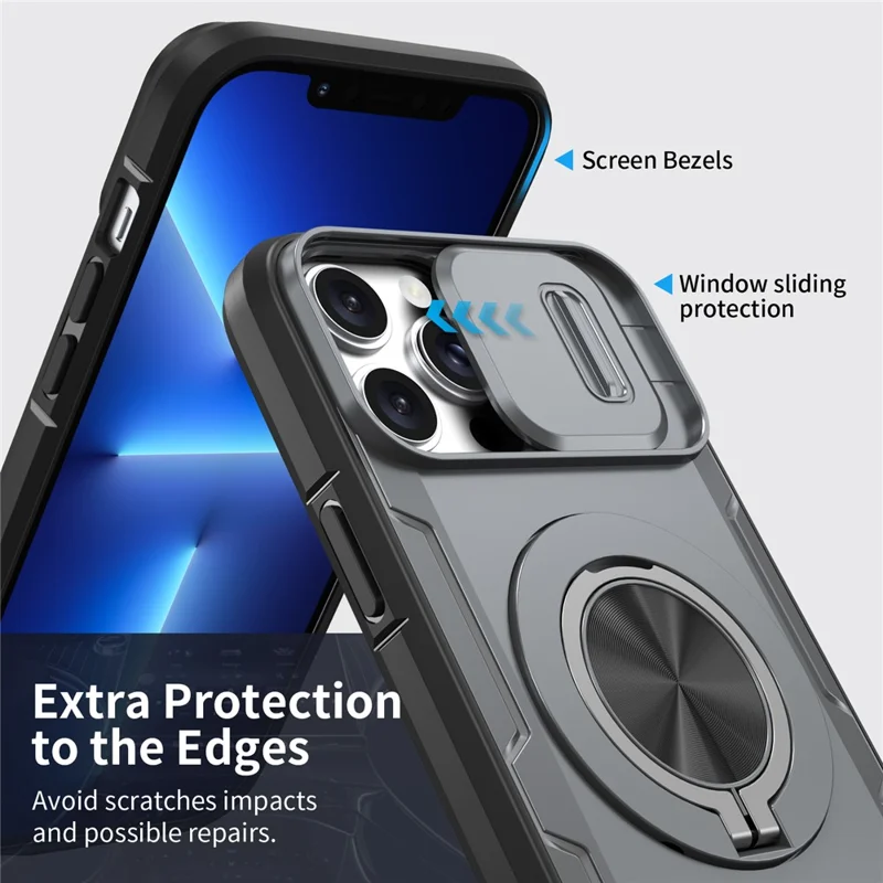For iPhone 13 Pro Max Magnetic Case Slide Camera Cover Rotary Kickstand PC + TPU Phone Shell - Grey