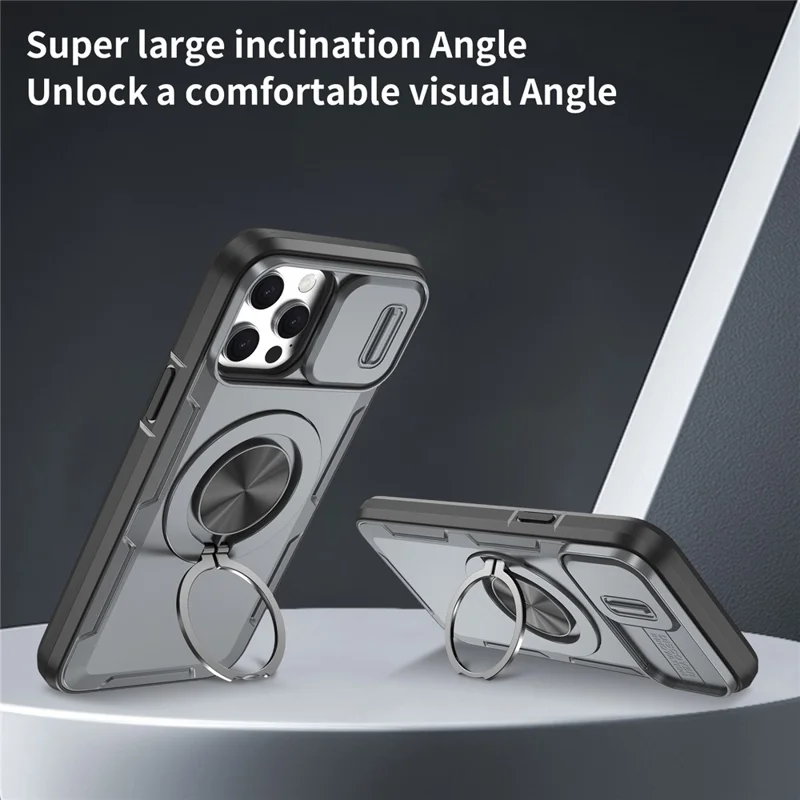 For iPhone 13 Pro Max Magnetic Case Slide Camera Cover Rotary Kickstand PC + TPU Phone Shell - Grey