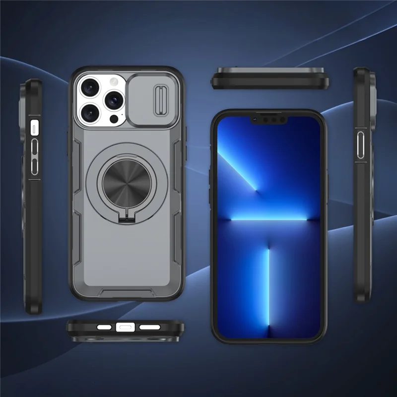 For iPhone 13 Pro Max Magnetic Case Slide Camera Cover Rotary Kickstand PC + TPU Phone Shell - Grey