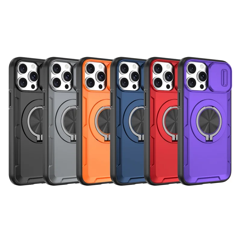 For iPhone 13 Pro Max Magnetic Case Slide Camera Cover Rotary Kickstand PC + TPU Phone Shell - Grey
