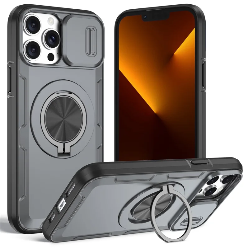 For iPhone 13 Pro Magnetic Case Slide Camera Cover Rotary Kickstand PC + TPU Phone Shell - Grey