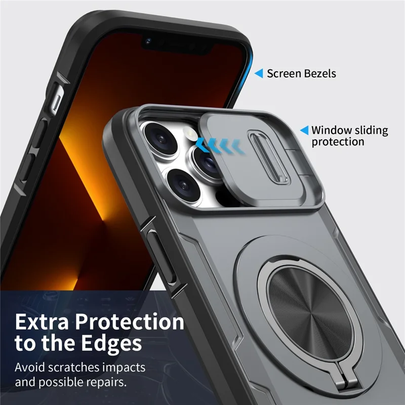 For iPhone 13 Pro Magnetic Case Slide Camera Cover Rotary Kickstand PC + TPU Phone Shell - Grey