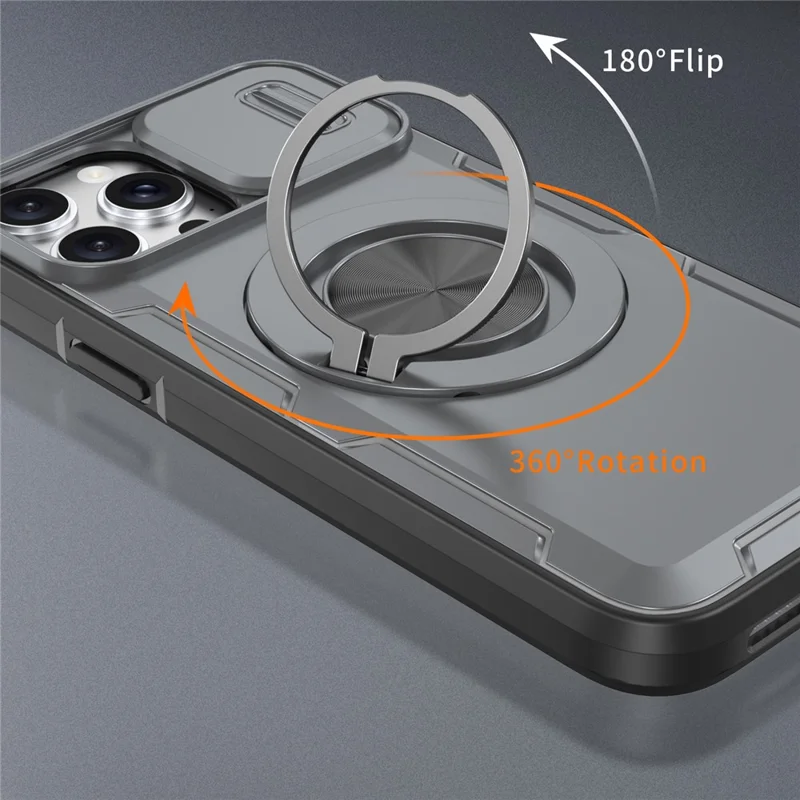 For iPhone 13 Pro Magnetic Case Slide Camera Cover Rotary Kickstand PC + TPU Phone Shell - Grey
